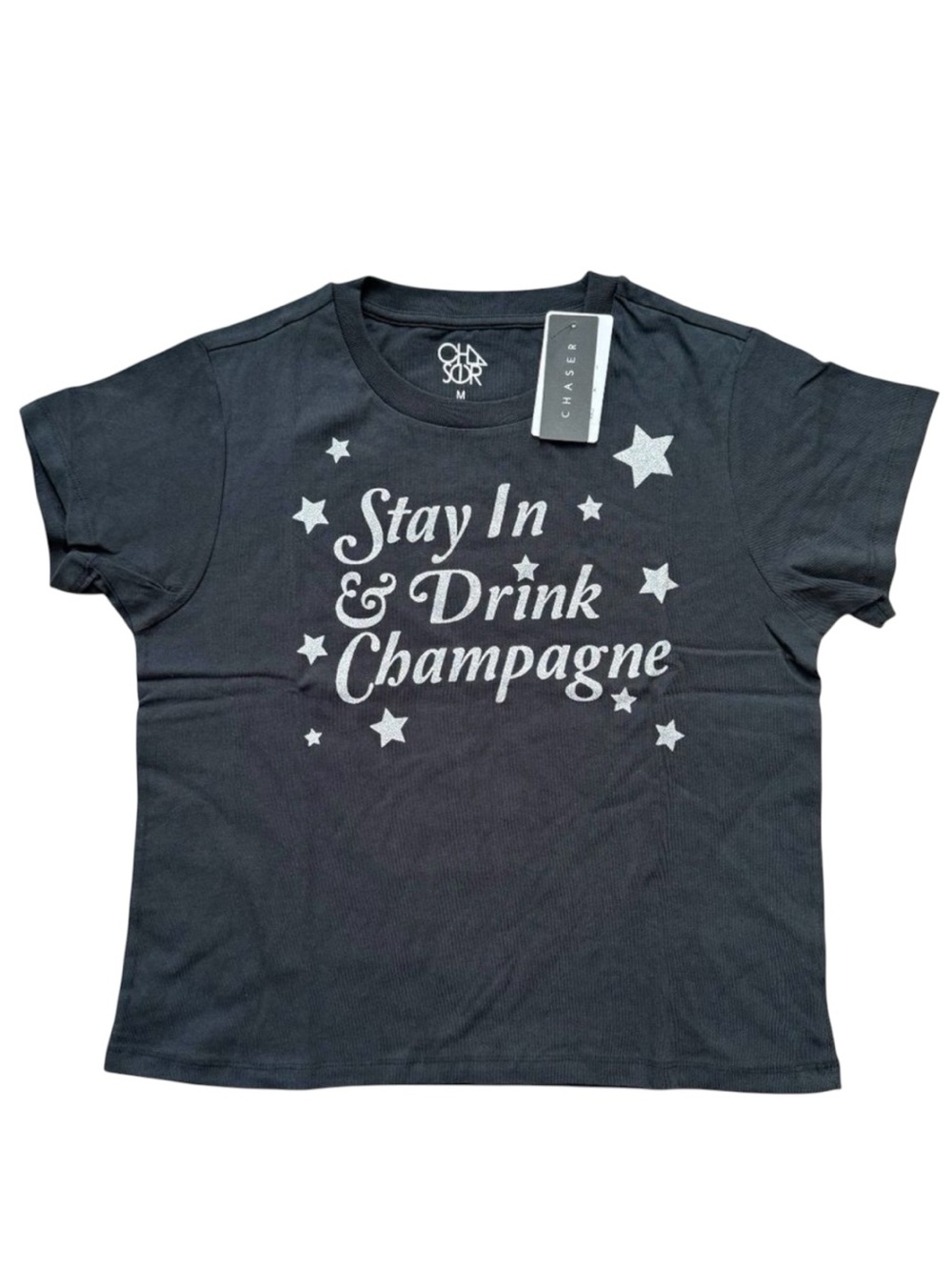Chaser Stay In & Drink Champagne Graphic Tee Black Silver Glitter Shirt M NWT